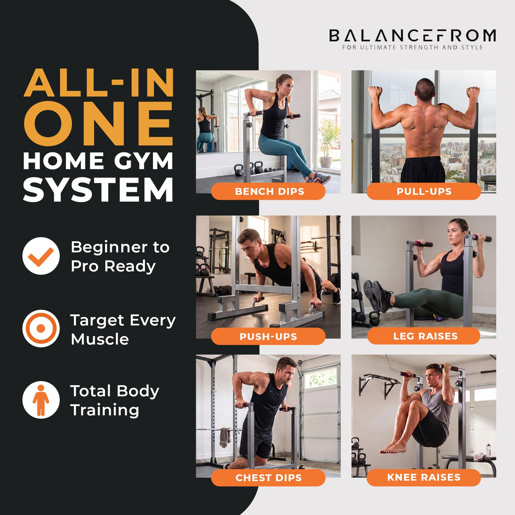 BalanceFrom Steel Frame Dip Station with Adjustable Height, 500 Pound Weight Capacity – Upper Body Workout Home Gym Equipment for Triceps, Push & Pull Ups, Leg Raises, and Bench Press