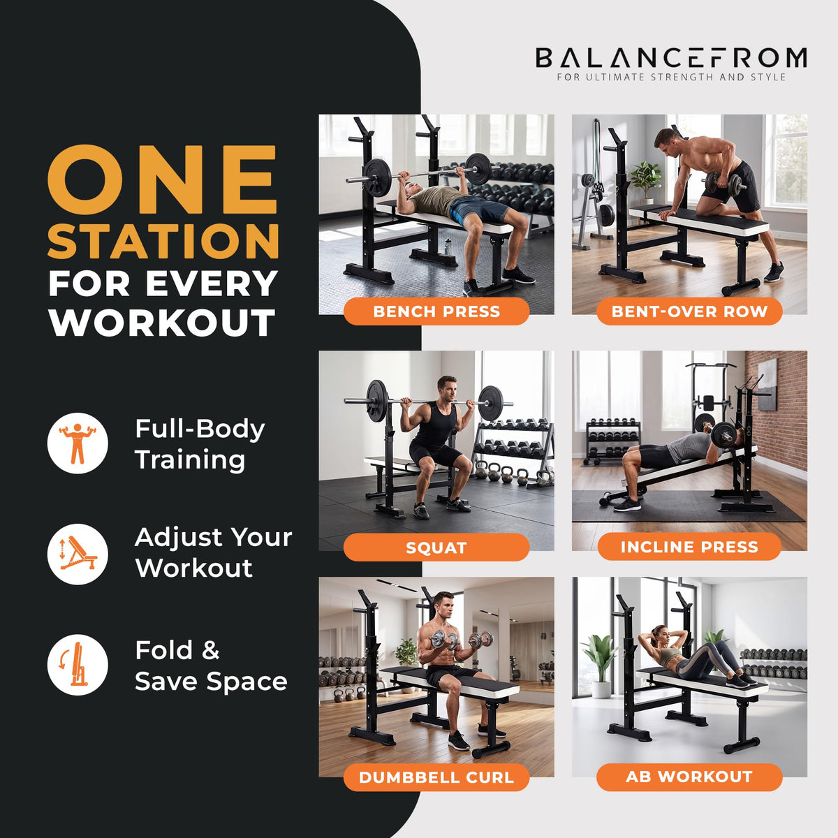 BalanceFrom Adjustable Folding Multifunctional Workout Station Adjustable Olympic Workout Bench with Squat Rack
