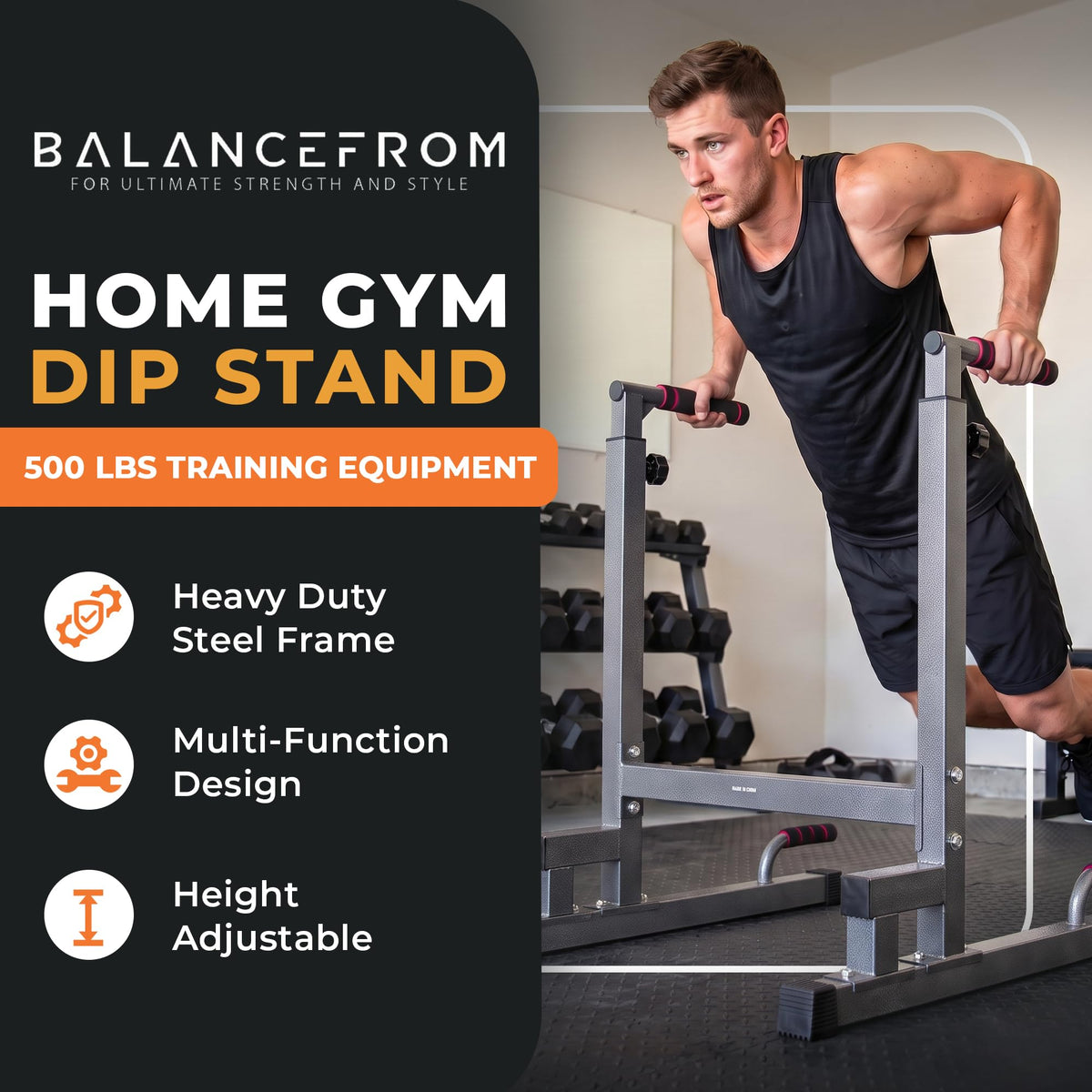 BalanceFrom Steel Frame Dip Station with Adjustable Height, 500 Pound Weight Capacity – Upper Body Workout Home Gym Equipment for Triceps, Push & Pull Ups, Leg Raises, and Bench Press