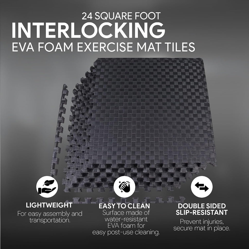 BalanceFrom 2-Pack 6-Count 24x24x1 Inch EVA Interlocking Foam Exercise Tile Mat, Black – Non-Slip Puzzle Flooring for Home Gym, Fitness Studio, or Playroom
