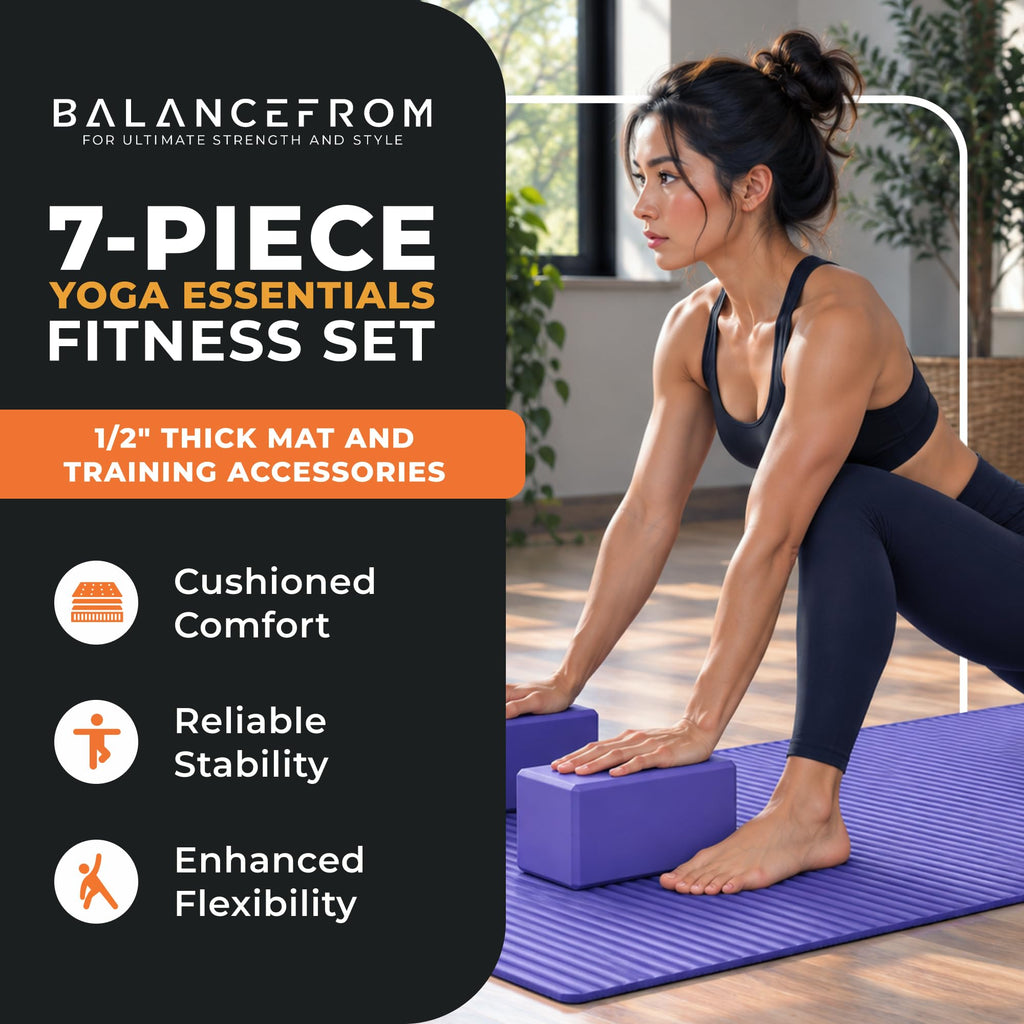 BalanceFrom 7-Piece Yoga Set with 71x24x0.5 Inches Extra Thick Mat and Carrying Sling – Includes 2 Blocks, Stretch Strap, 2 Towels, and Knee Pad for Home, Studio, and Gym Workouts