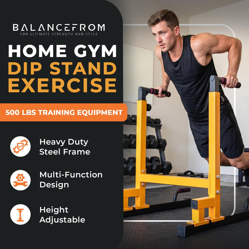 BalanceFrom Steel Frame Dip Station with Adjustable Height, 500 Pound Weight Capacity – Upper Body Workout Home Gym Equipment for Triceps, Push & Pull Ups, Leg Raises, and Bench Press