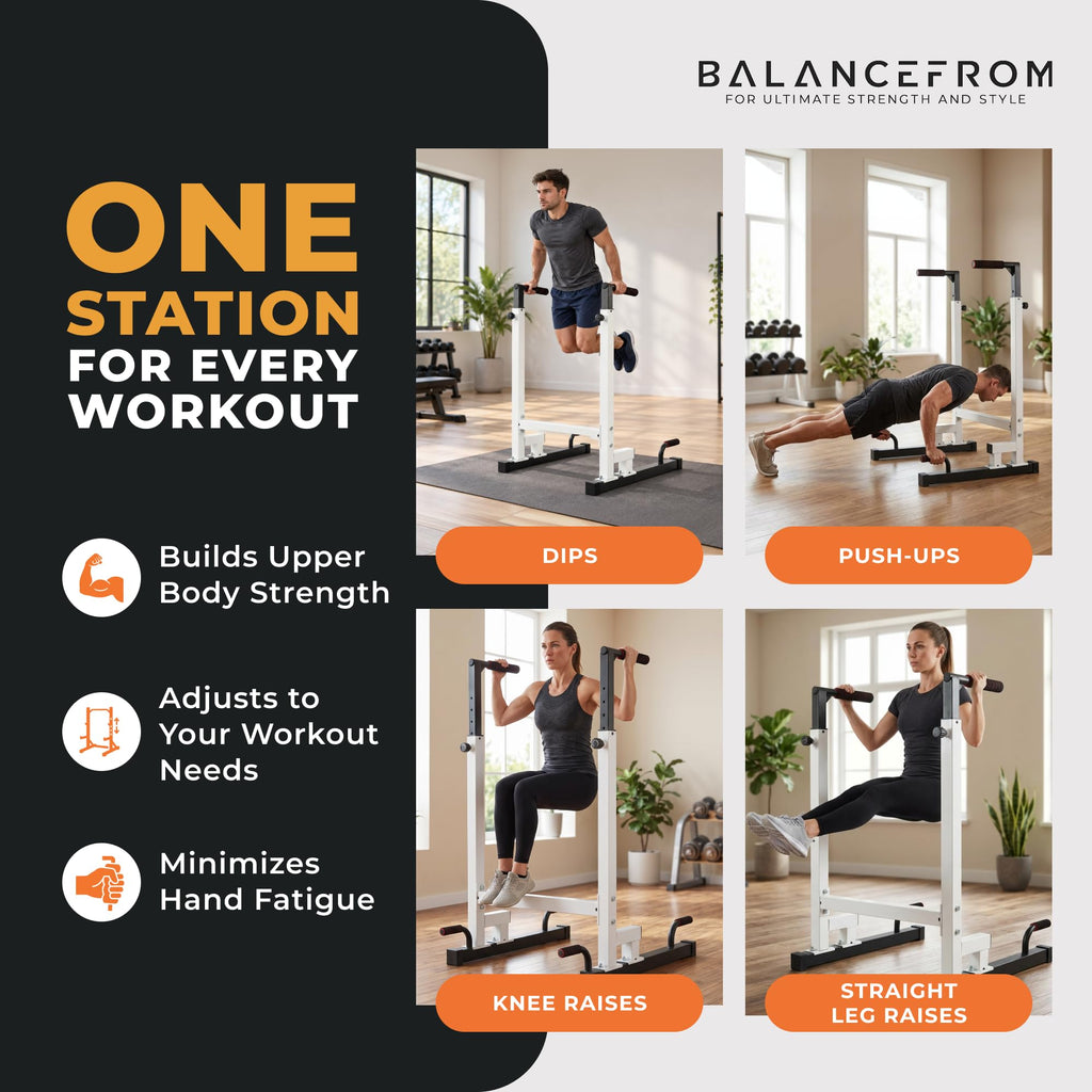 BalanceFrom Steel Frame Dip Station with Adjustable Height, 500 Pound Weight Capacity – Upper Body Workout Home Gym Equipment for Triceps, Push & Pull Ups, Leg Raises, and Bench Press