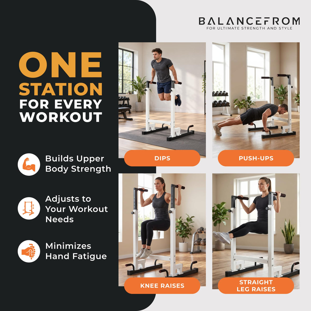 BalanceFrom Steel Frame Dip Station with Adjustable Height, 500 Pound Weight Capacity – Upper Body Workout Home Gym Equipment for Triceps, Push & Pull Ups, Leg Raises, and Bench Press