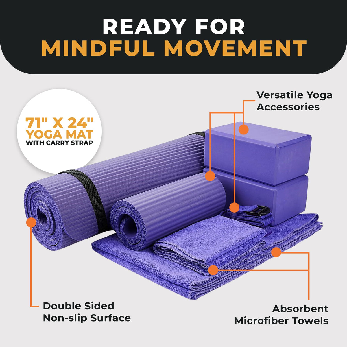 BalanceFrom 7-Piece Yoga Set with 71x24x0.5 Inches Extra Thick Mat and Carrying Sling – Includes 2 Blocks, Stretch Strap, 2 Towels, and Knee Pad for Home, Studio, and Gym Workouts