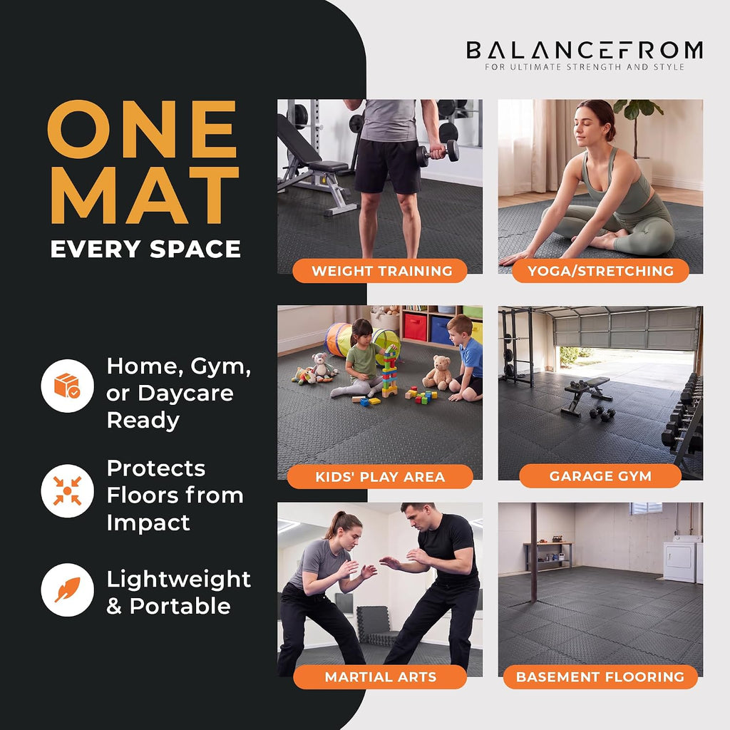 BalanceFrom 2-Pack 24-Count 24x24x0.75 Inch EVA Interlocking Foam Exercise Tile Mat, Black – Non-Slip Puzzle Flooring for Home Gym, Fitness Studio, or Playroom