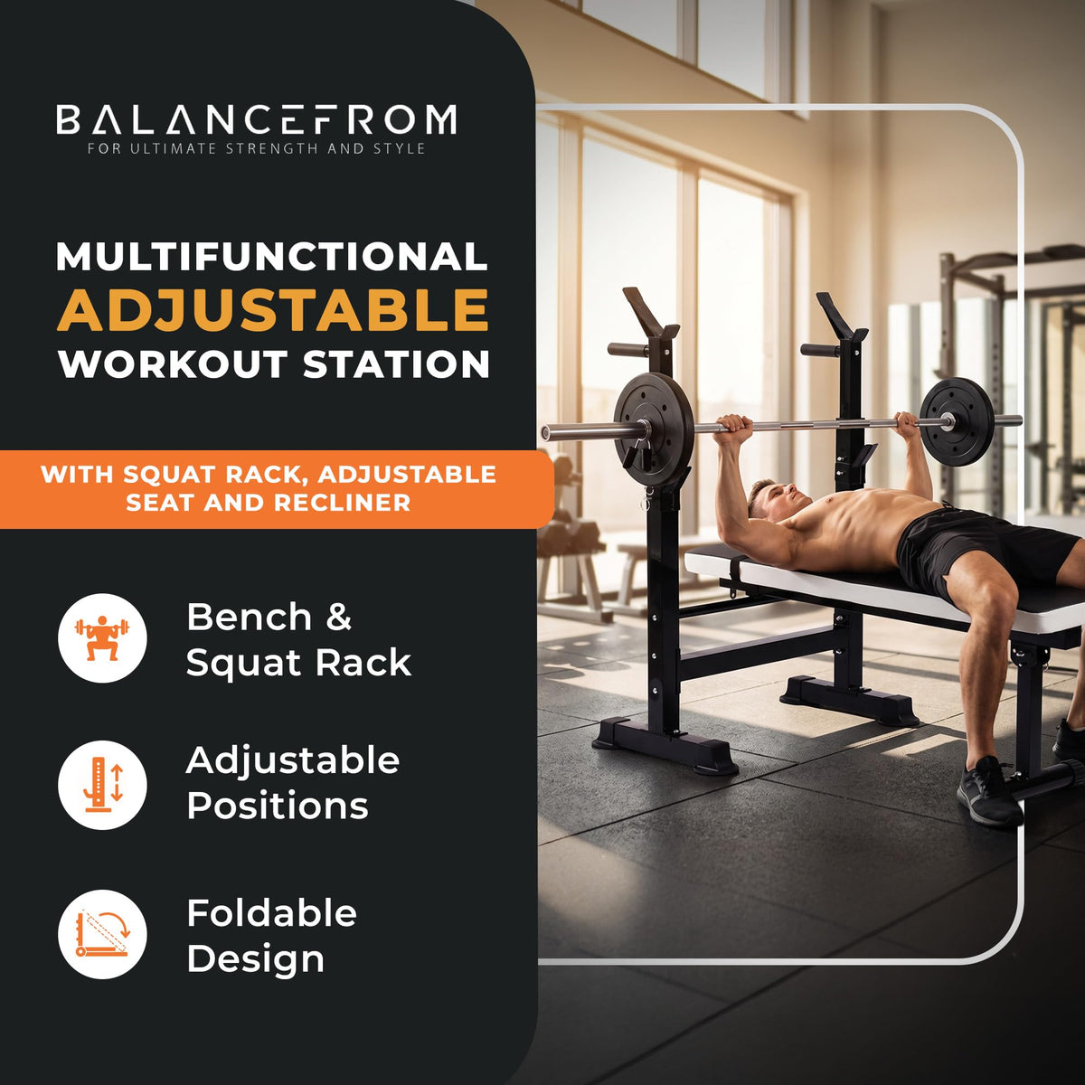 BalanceFrom Adjustable Folding Multifunctional Workout Station Adjustable Olympic Workout Bench with Squat Rack