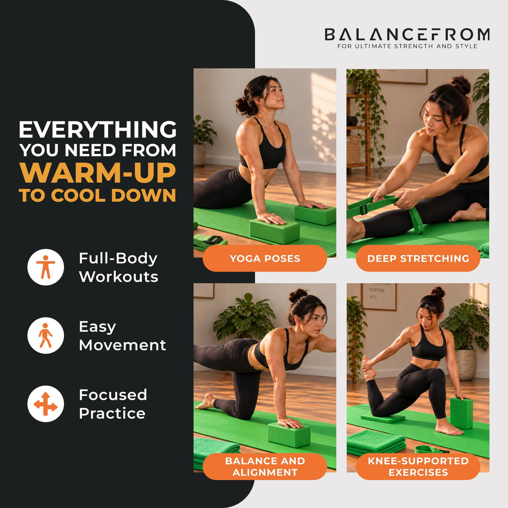 BalanceFrom 7-Piece Yoga Set with 71x24x0.5 Inches Extra Thick Mat and Carrying Sling – Includes 2 Blocks, Stretch Strap, 2 Towels, and Knee Pad for Home, Studio, and Gym Workouts