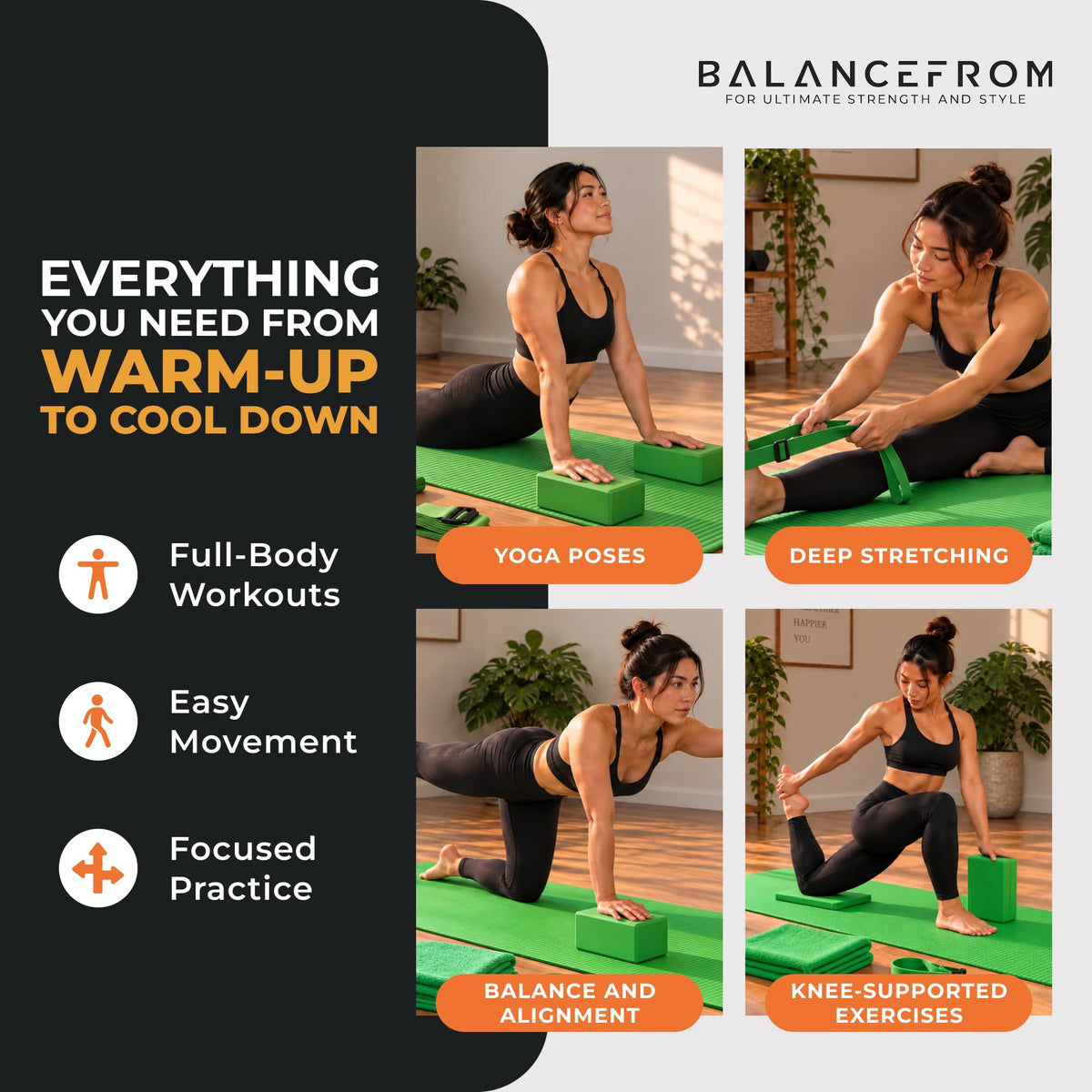 BalanceFrom 7-Piece Yoga Set with 71x24x0.5 Inches Extra Thick Mat and Carrying Sling – Includes 2 Blocks, Stretch Strap, 2 Towels, and Knee Pad for Home, Studio, and Gym Workouts