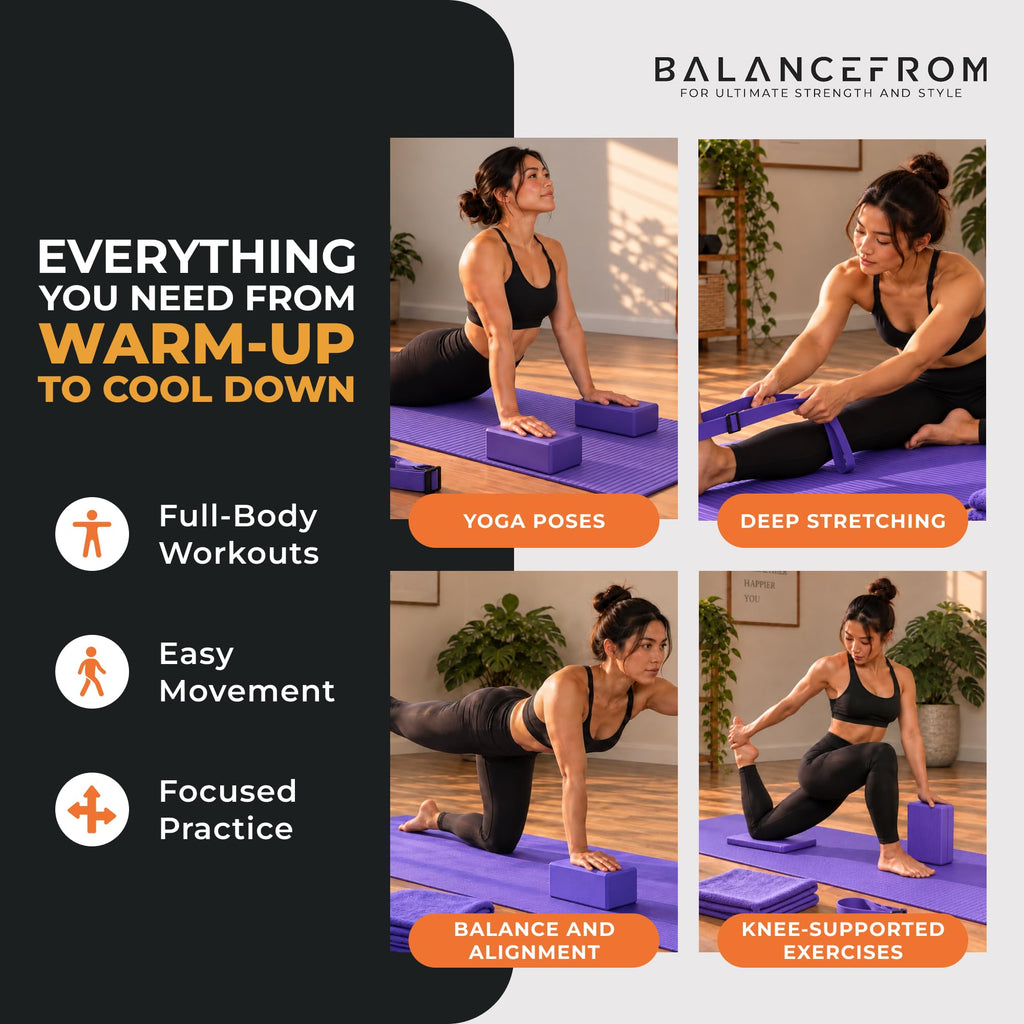 BalanceFrom 7-Piece Yoga Set with 71x24x0.5 Inches Extra Thick Mat and Carrying Sling – Includes 2 Blocks, Stretch Strap, 2 Towels, and Knee Pad for Home, Studio, and Gym Workouts