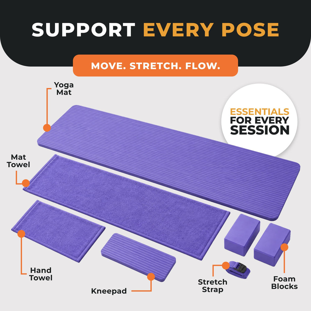 BalanceFrom 7-Piece Yoga Set with 71x24x0.5 Inches Extra Thick Mat and Carrying Sling – Includes 2 Blocks, Stretch Strap, 2 Towels, and Knee Pad for Home, Studio, and Gym Workouts