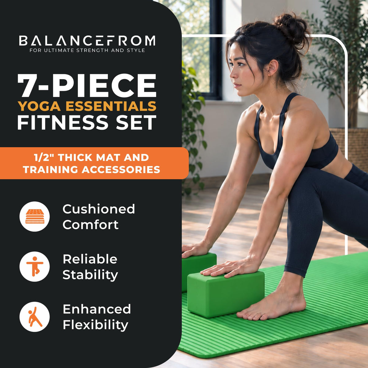 BalanceFrom 7-Piece Yoga Set with 71x24x0.5 Inches Extra Thick Mat and Carrying Sling – Includes 2 Blocks, Stretch Strap, 2 Towels, and Knee Pad for Home, Studio, and Gym Workouts