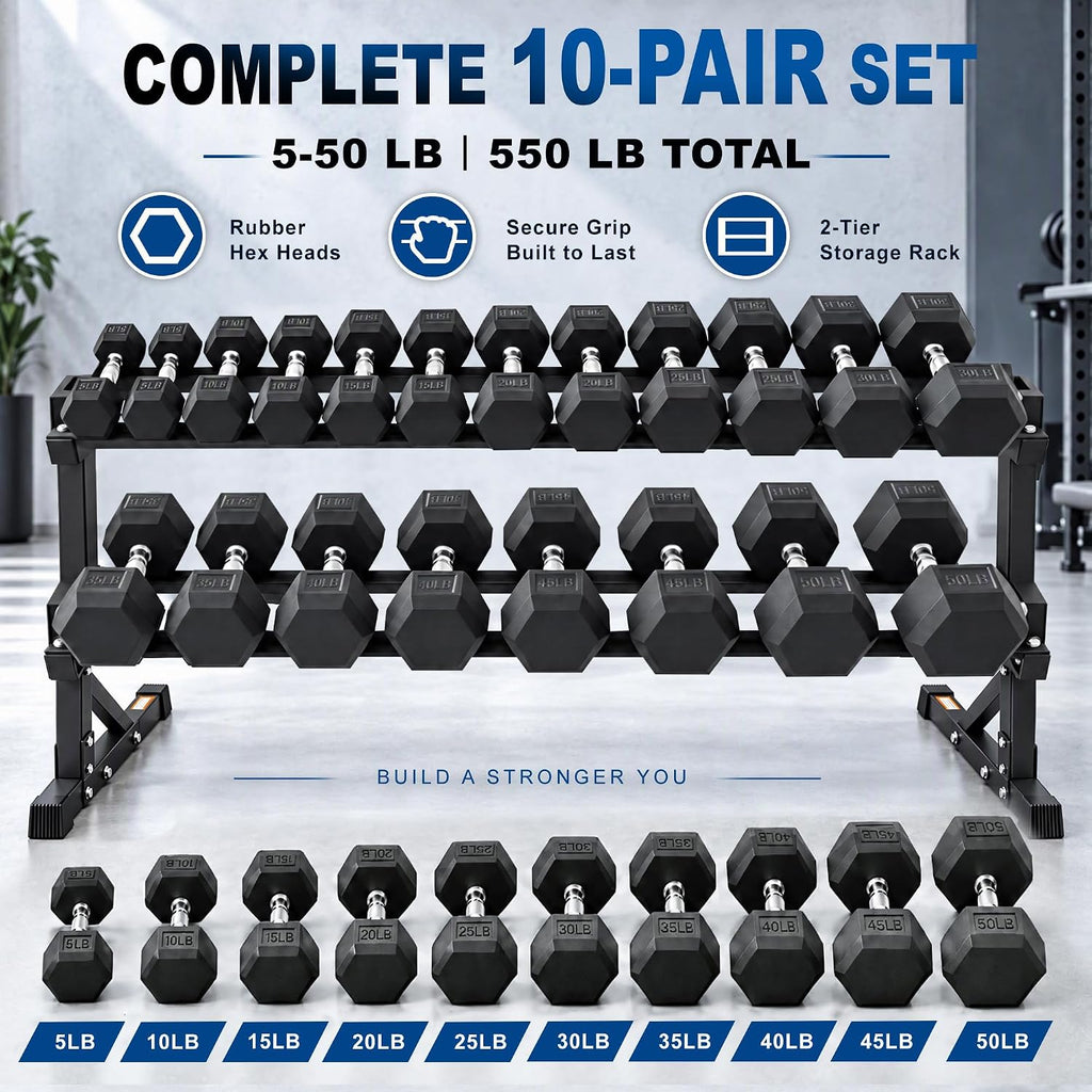 BalanceFrom 550LB Rubber Coated Hex Dumbbell Weight Set with 2-Tier Storage Rack, 5-50 lbs Pairs, One Package