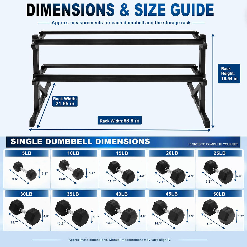 BalanceFrom 550LB Rubber Coated Hex Dumbbell Weight Set with 2-Tier Storage Rack, 5-50 lbs Pairs, One Package