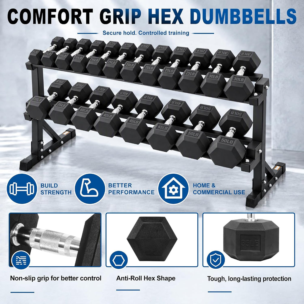 BalanceFrom 550LB Rubber Coated Hex Dumbbell Weight Set with 2-Tier Storage Rack, 5-50 lbs Pairs, One Package