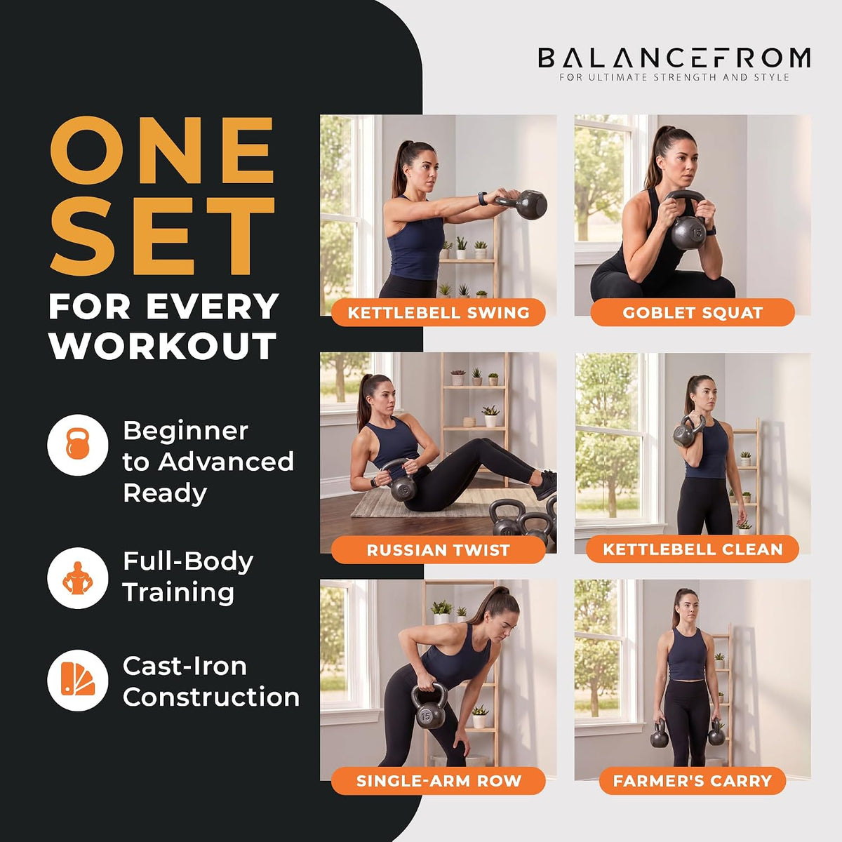 BalanceFrom Cast Iron Kettlebell for Home Gym Strength Training with Textured Wide Handle, 10-100Lb, Single