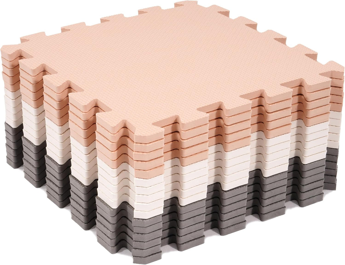 BalanceFrom 16-Pack 12x12 Inches EVA Interlocking Foam Play Tile Mat, Cream/Gray/Beige – 0.4-Inch Thick Non-Slip Puzzle Flooring for 16 Square Feet in Playroom, Nursery, or Playpen at Home