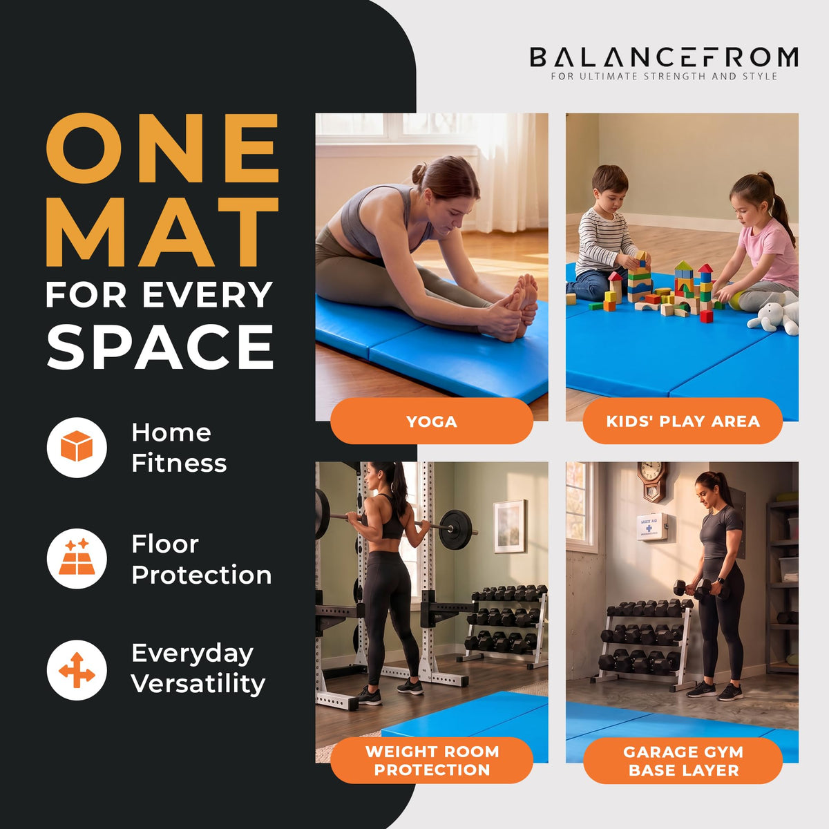 BalanceFrom 6x2 Feet 3-Panel Folding Gymnastics Mat – 1.5-Inch Thick Pad with Vinyl Surface and Carrying Handles for Tumbling, Yoga, Pilates, Home Workouts, and Martial Arts