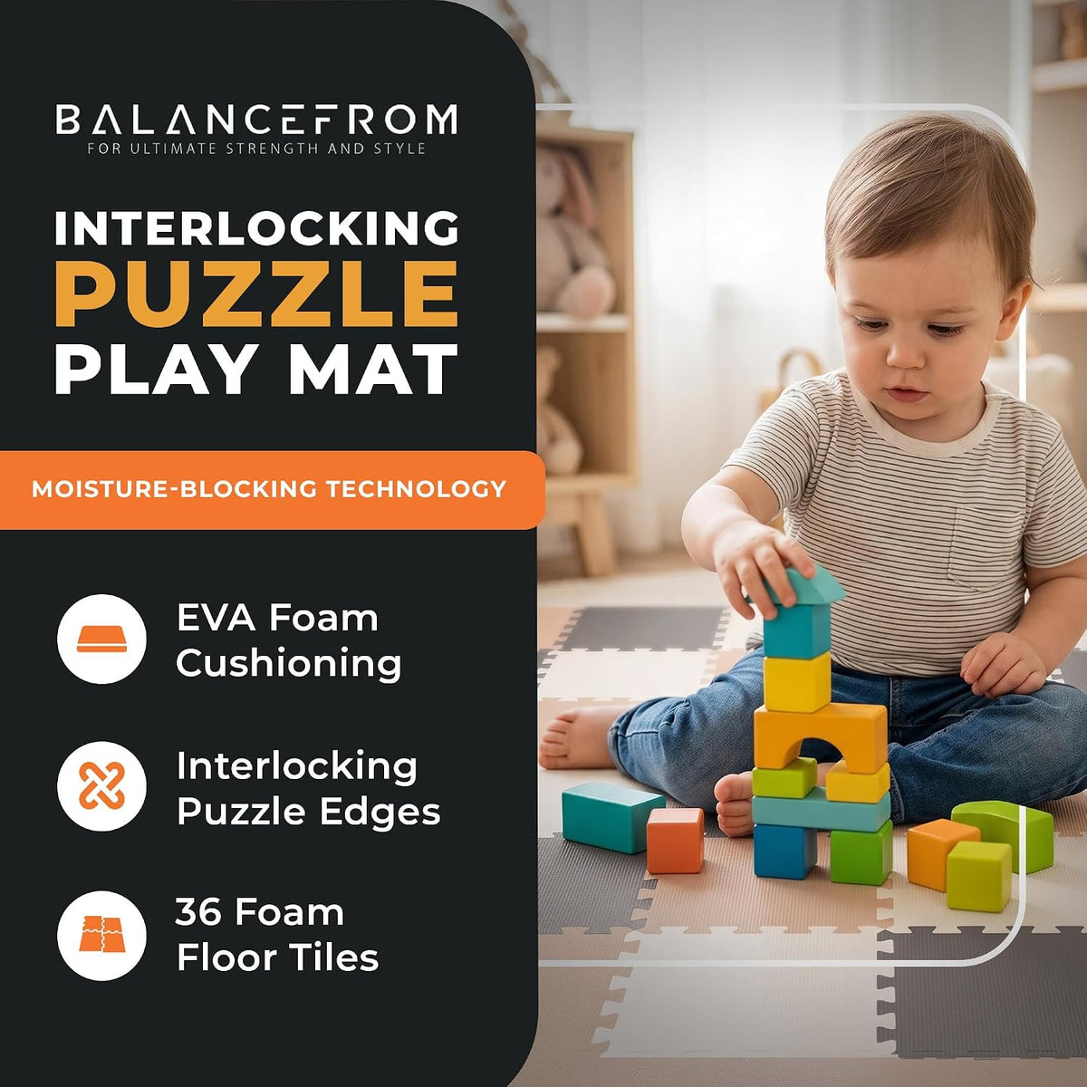 BalanceFrom Foam Floor Tiles for Kids - Non-Toxic Comfortable Baby Play Mat and Interlocking Foam Tiles for Crawling & Development, Soft Play Mat for Babies, 36 Tiles Cover 36 SQ SF